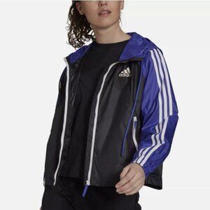 Adidas Women's Hooded Windbreaker Packable Jacket Sz XL Black Blue White Stripes